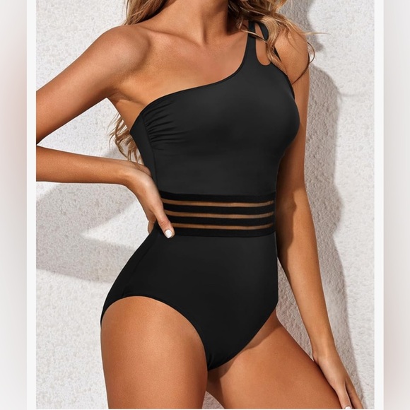 Chic Black XS One Shoulder Mesh Waist One Piece Swimsuit for Women - Picture 2 of 5